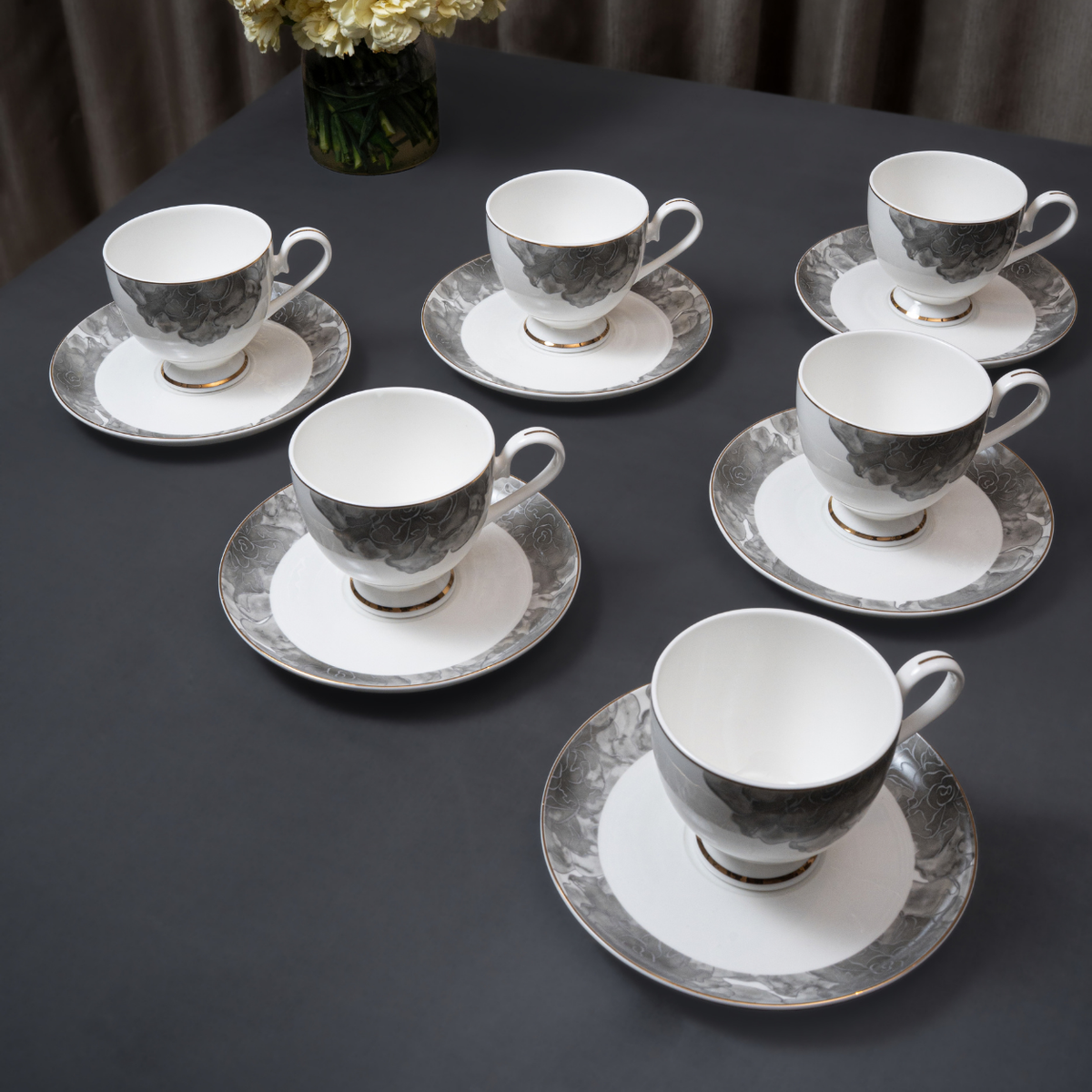 Black Smoke Cup & Saucer Set – 12 Pieces