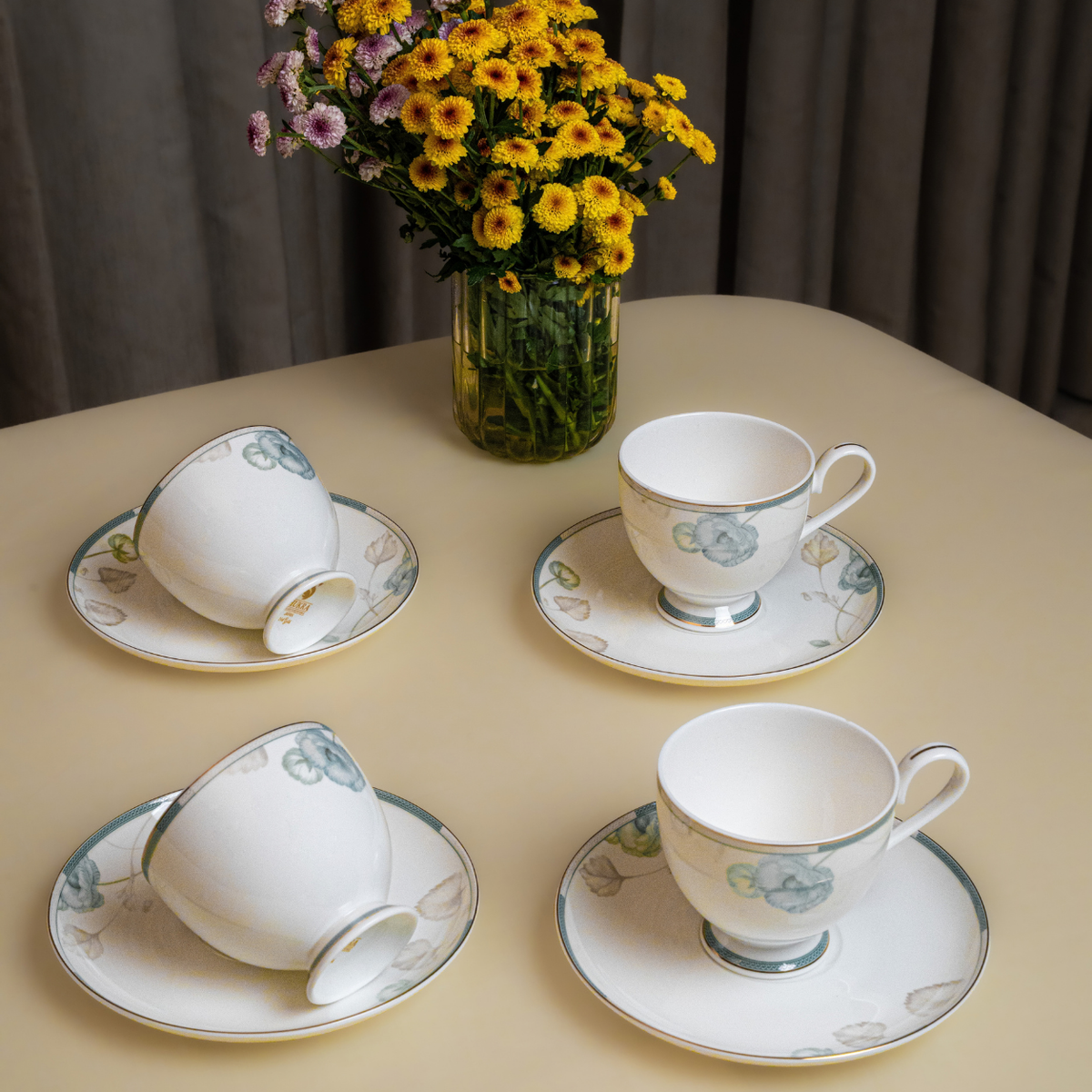 Verdant Bloom Cup & Saucer Set – 12 Pieces