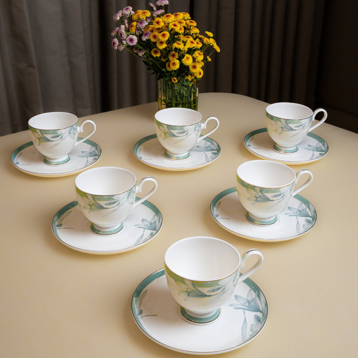 Celadon Reverie Cup & Saucer Set – 12 Pieces